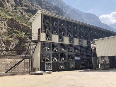 Modern Ethereum mining farm rack with efficient thermal management