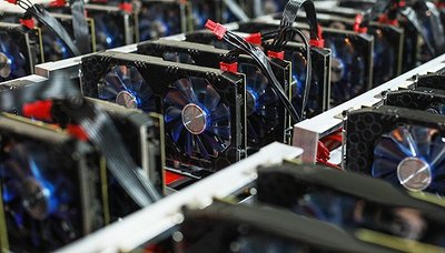High-tech mining farm showcasing rows of advanced machines