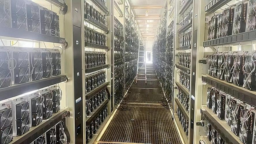 Mining rigs stacked on shelves in a large mining facility